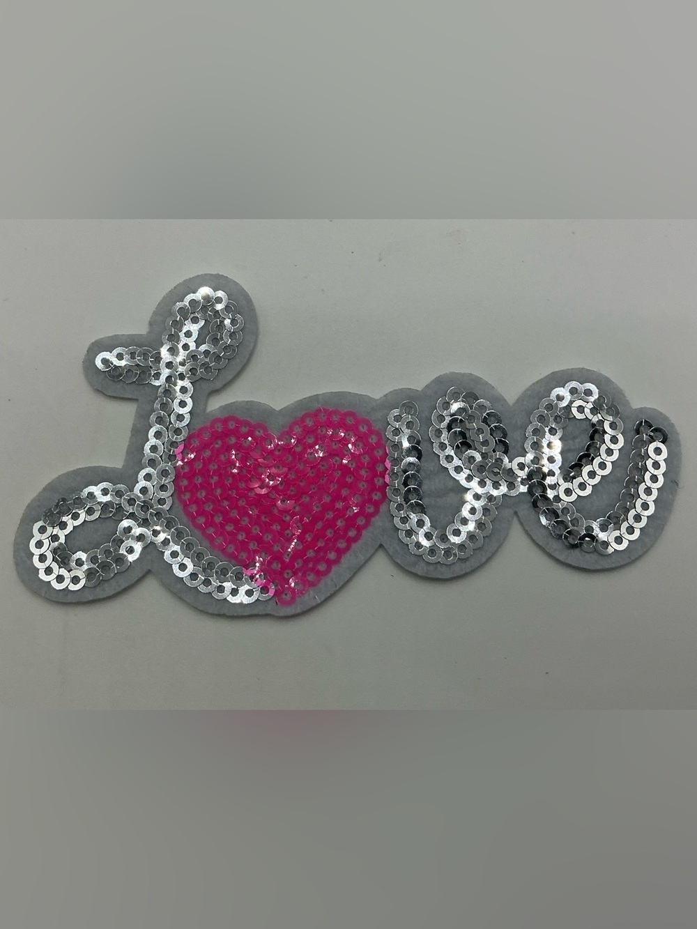 SILVER TONE SEQUIN LOVE IRON OR SEW ON PATCH WITH PINK HEART ACCENT